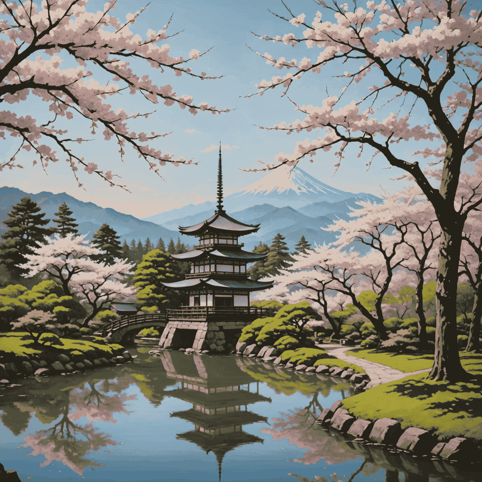 A serene landscape featuring a traditional Japanese pagoda overlooking a tranquil garden with cherry blossoms, symbolizing the blend of nature and cultural heritage