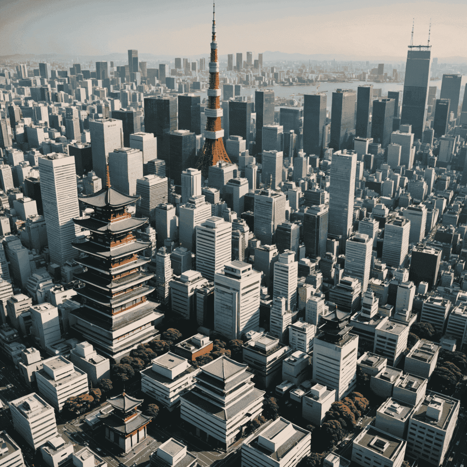 Tokyo skyline with a mix of modern skyscrapers and traditional temples, showcasing the city's blend of old and new