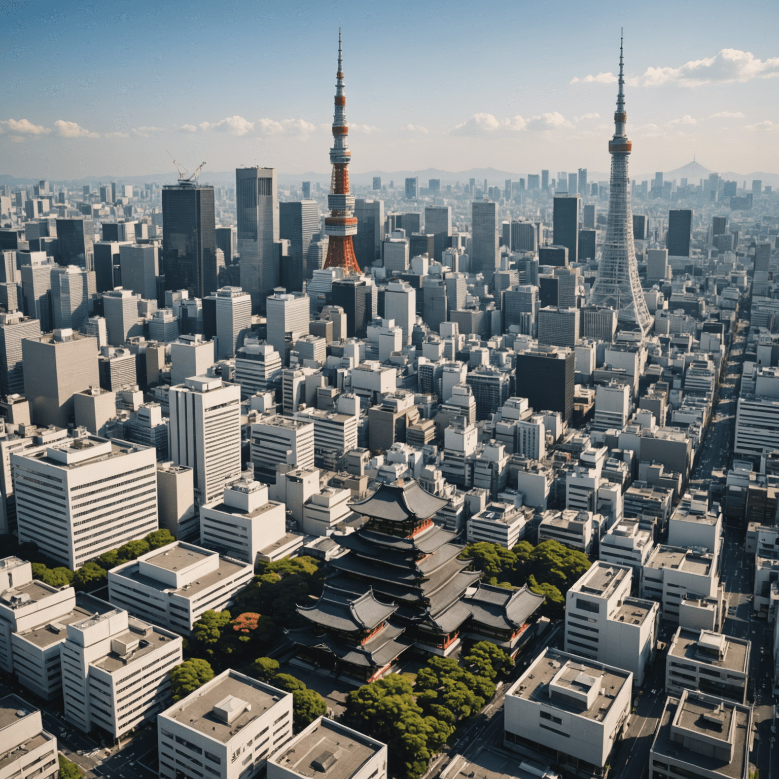 Tokyo skyline with a mix of modern skyscrapers and traditional temples, showcasing the city's blend of old and new