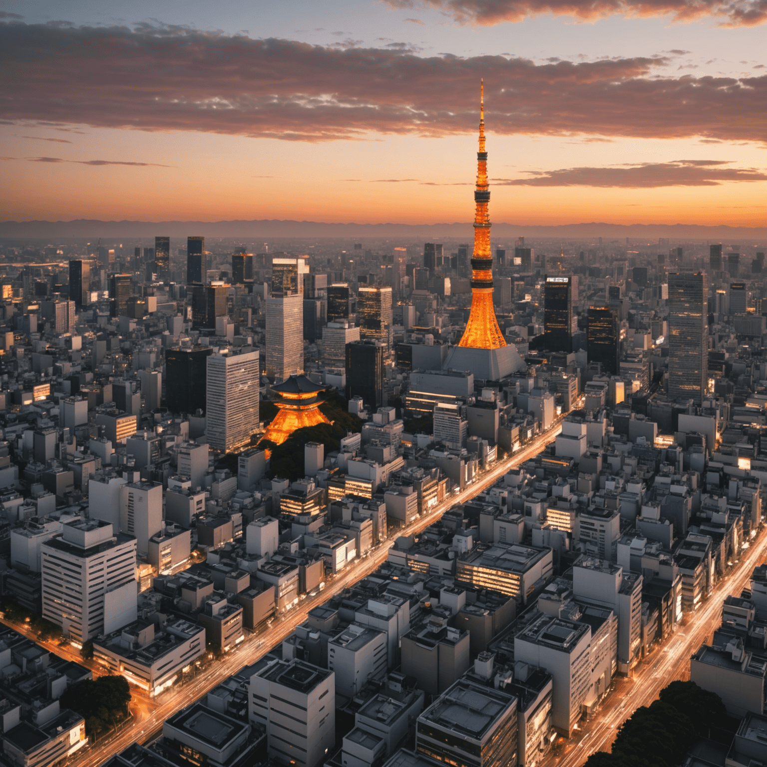 Panoramic view of Tokyo at sunset, showcasing a mix of traditional temples and modern skyscrapers