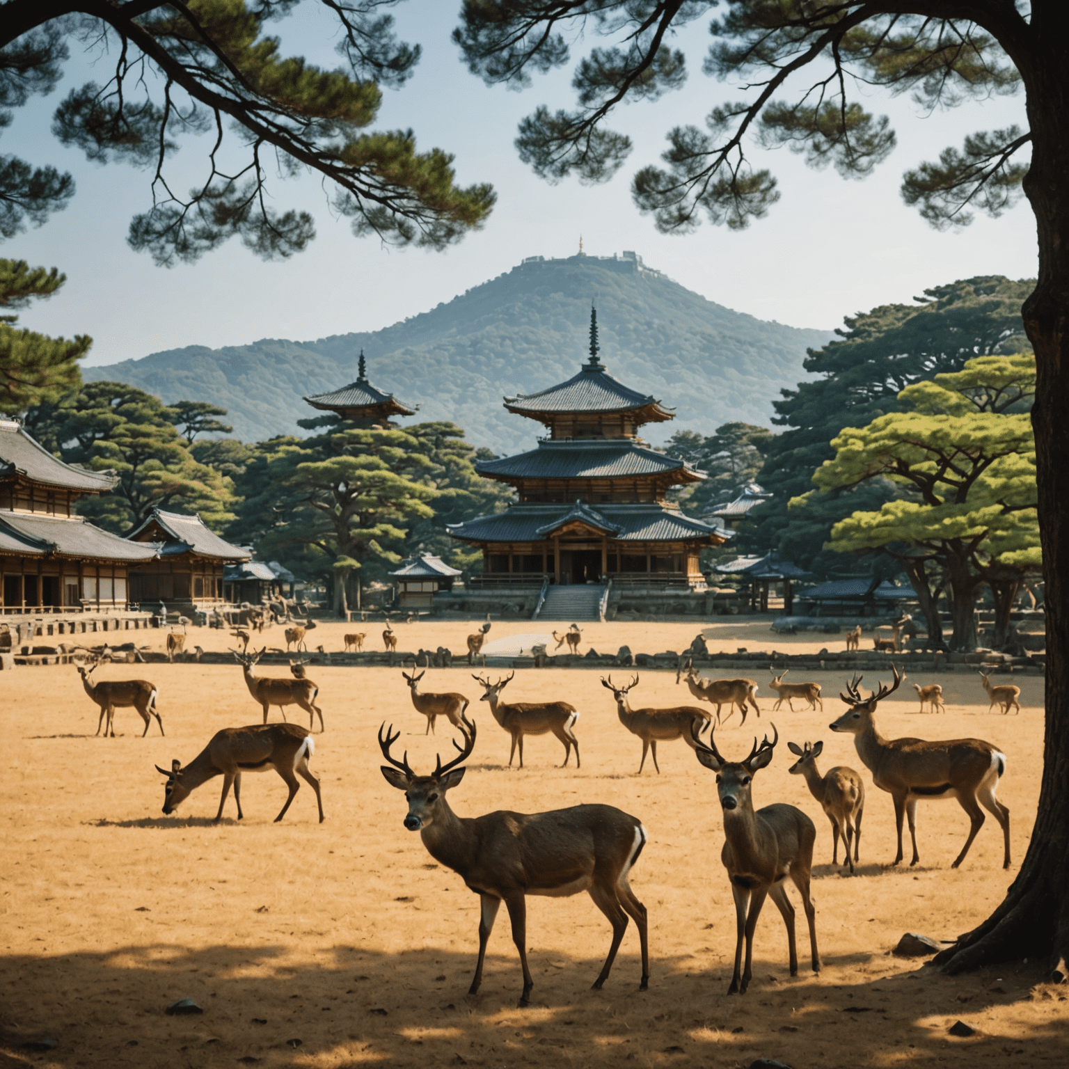 Panoramic view of Nara Park with ancient temples in the background and deer roaming freely in the foreground. The image captures the essence of Nara's unique blend of nature and history.