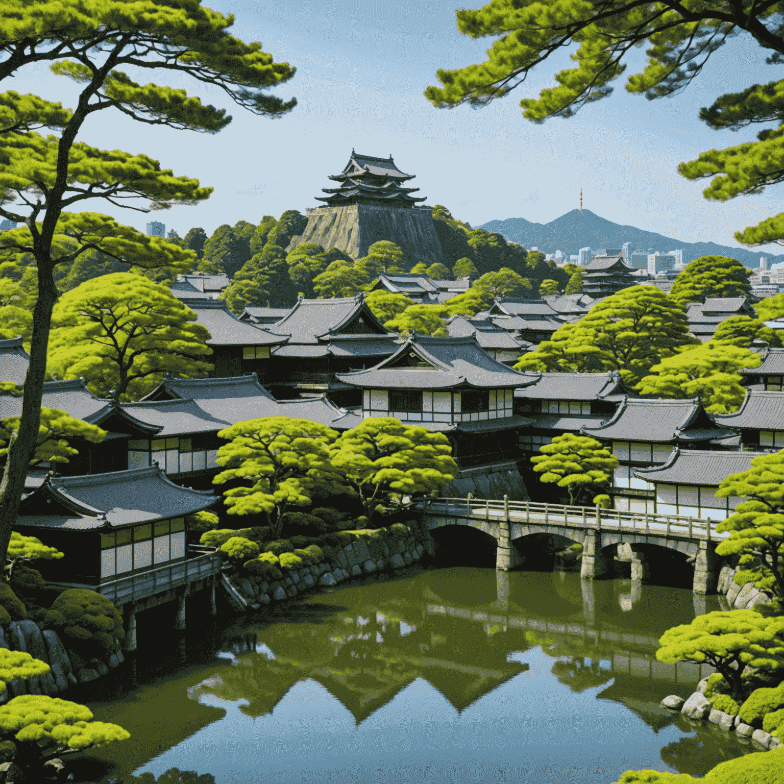 Panoramic view of Kanazawa city, showcasing traditional Japanese architecture amidst lush green gardens, with the iconic Kanazawa Castle in the background