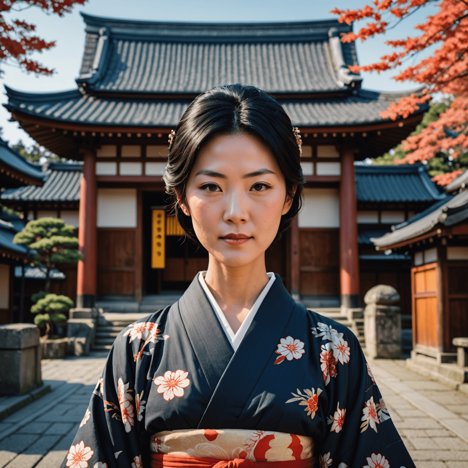 Akira Tanaka, a Japanese woman in her 30s with short black hair, wearing a traditional kimono, standing in front of a historic temple in Kyoto