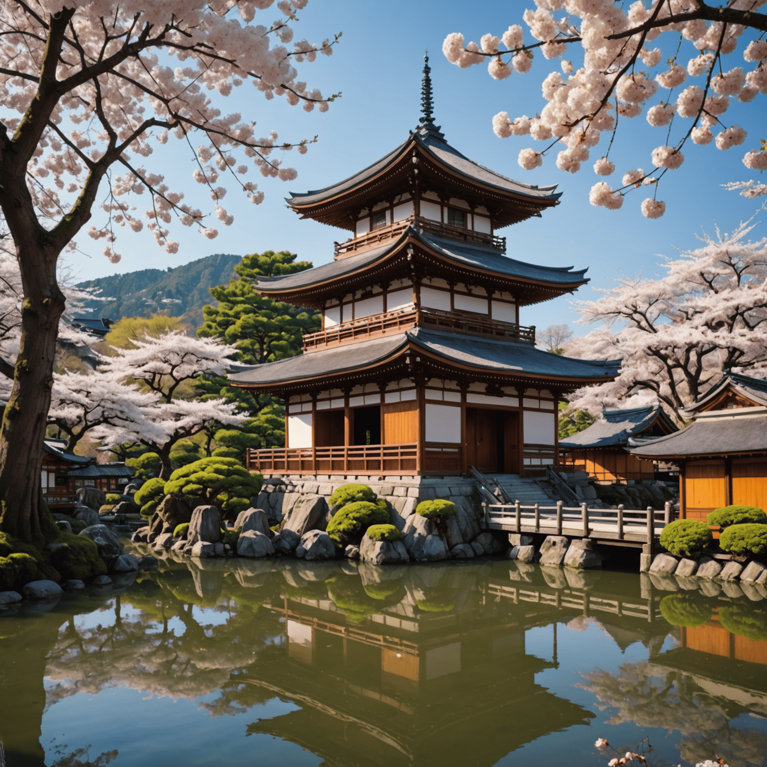 A serene Kyoto temple surrounded by cherry blossoms, with traditional Japanese architecture and a peaceful zen garden