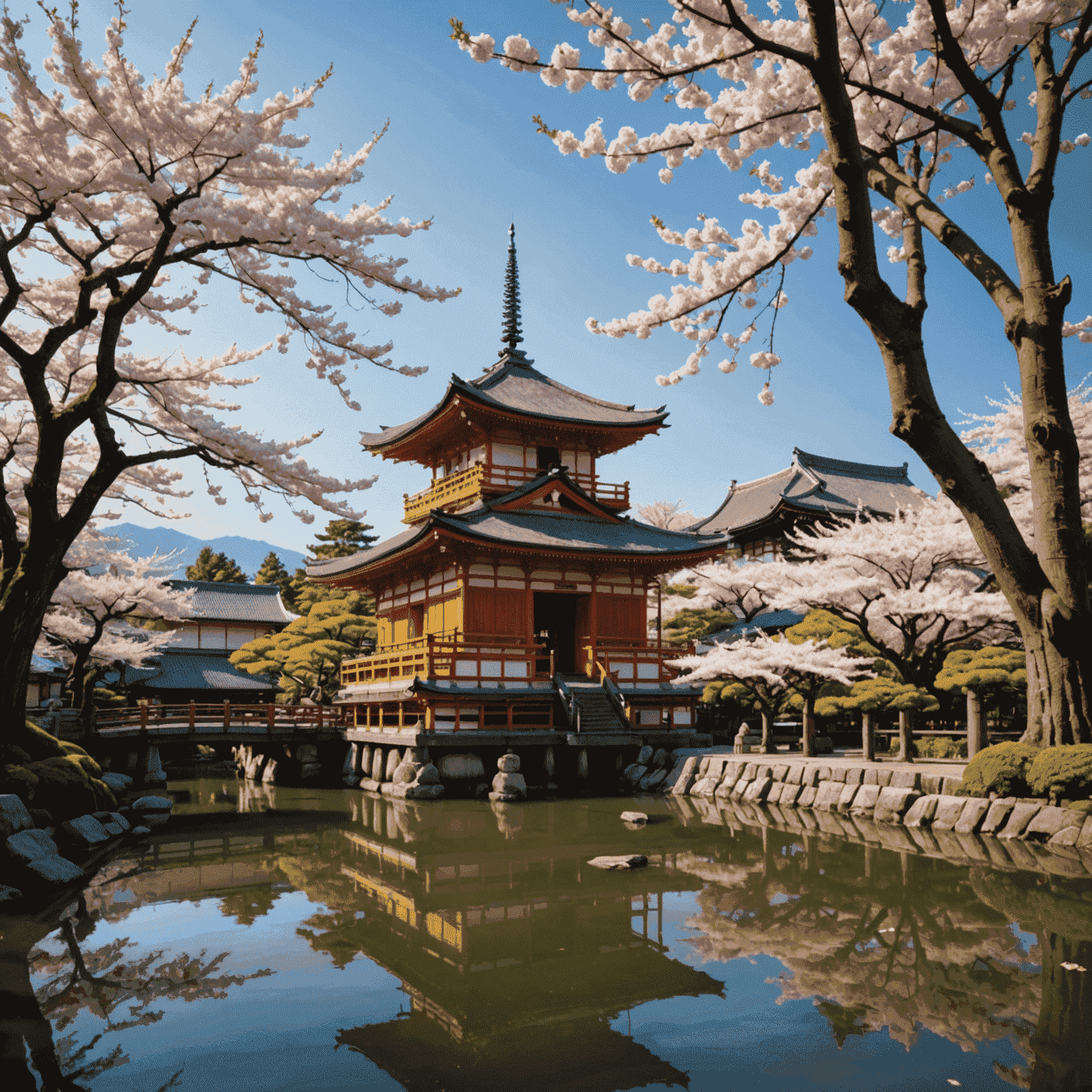 A serene Kyoto temple surrounded by cherry blossoms, representing the city's ancient traditions