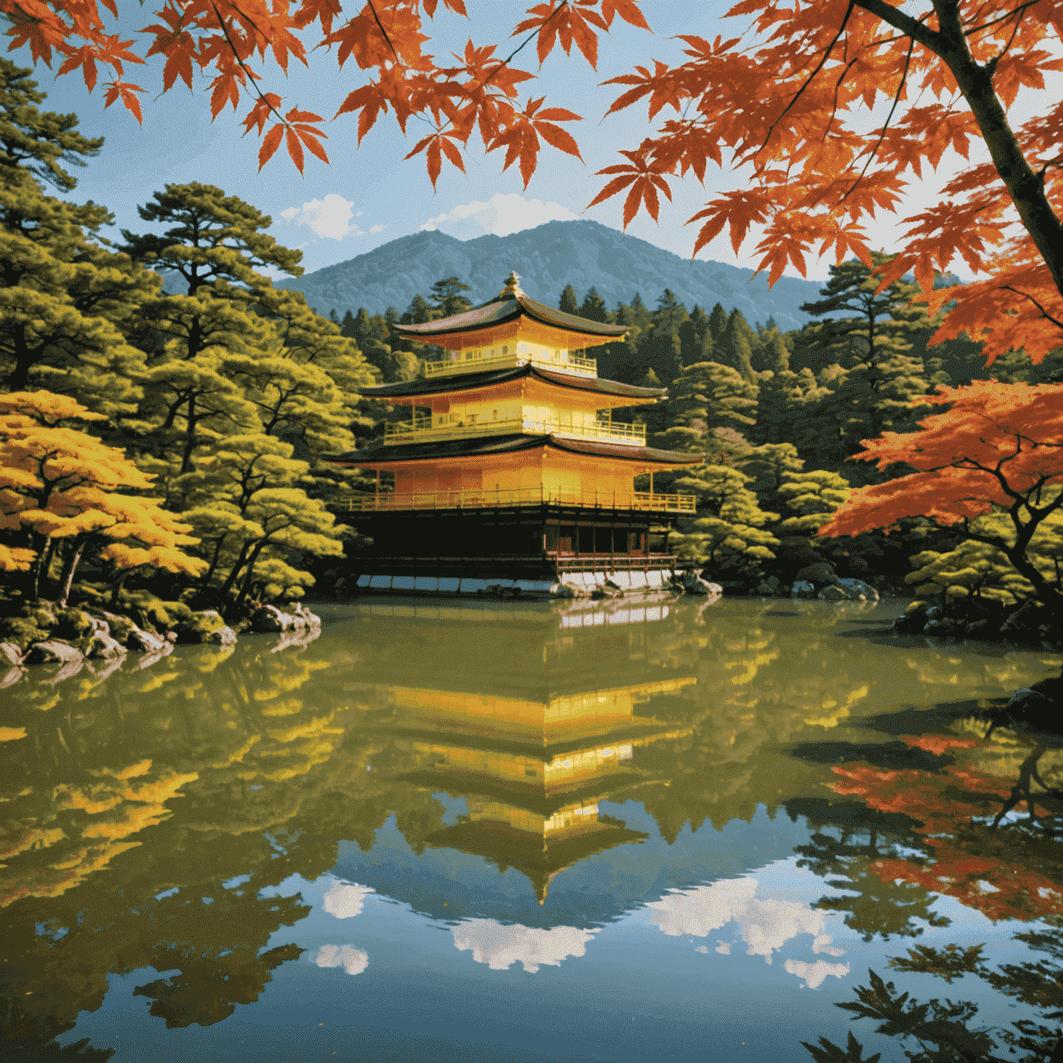 The iconic golden pavilion of Kinkaku-ji temple reflecting in a calm pond surrounded by Japanese maples