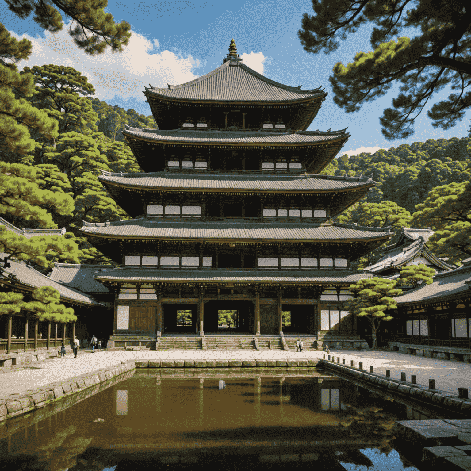 Imposing facade of Todaiji Temple, showcasing its massive wooden structure and intricate architectural details. The image highlights the temple's grandeur against a backdrop of lush greenery.