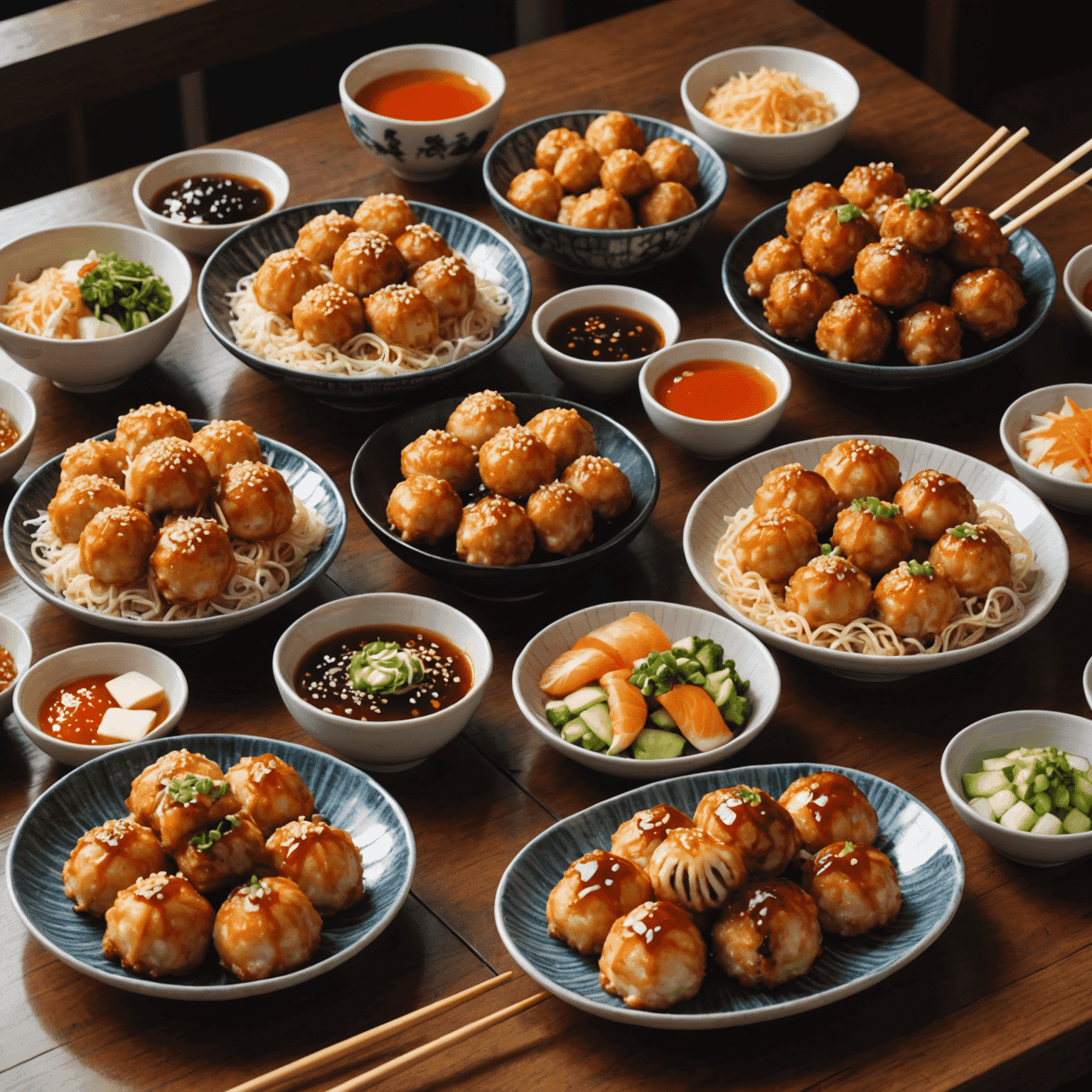 Close-up of various Osaka street foods including takoyaki, okonomiyaki, and kushikatsu, arranged on a wooden table with chopsticks and small dishes