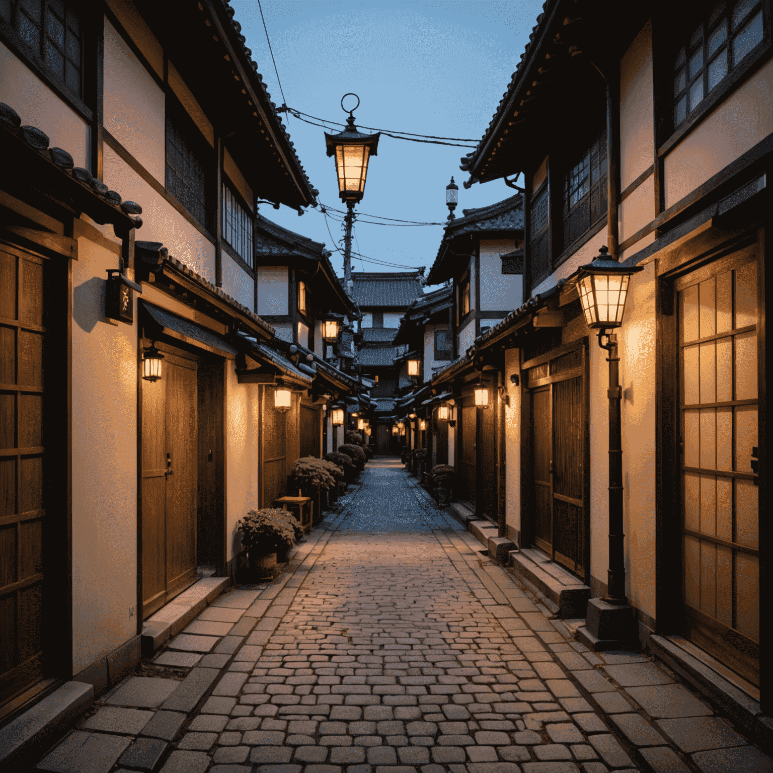 A narrow cobblestone street in the Higashi Chaya District at dusk, lined with traditional wooden machiya houses, soft lantern light illuminating the way