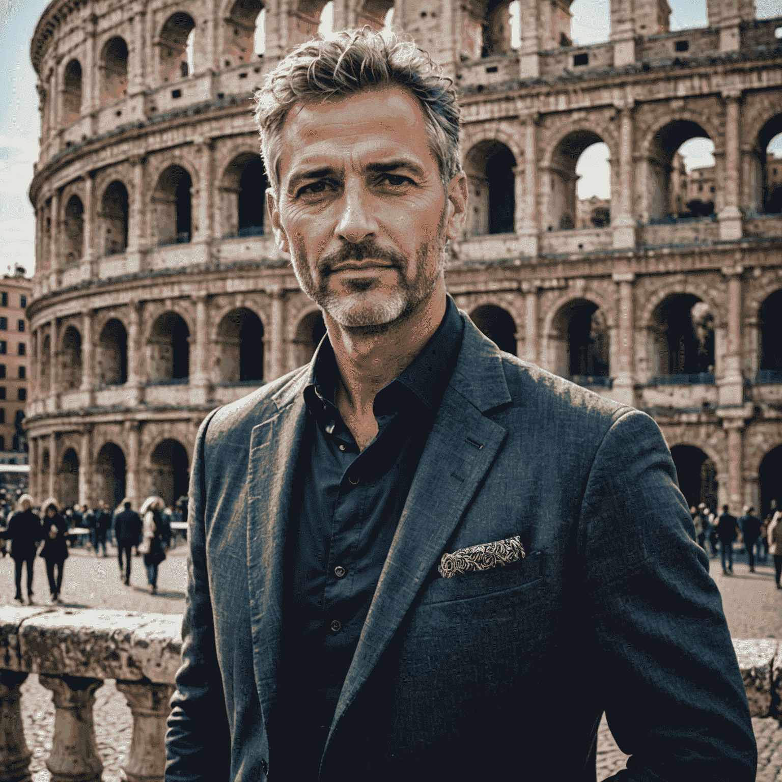 Marco Rossi, an Italian man in his 40s with salt-and-pepper hair, wearing a casual blazer, photographed in front of the Colosseum in Rome