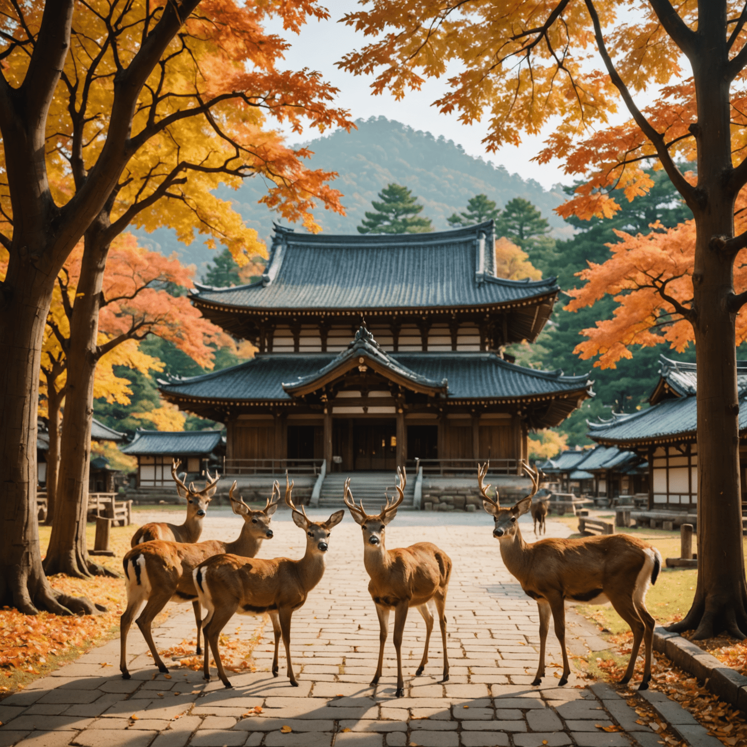 A group of friendly deer roaming freely in front of an ancient wooden temple in Nara, with autumn leaves in the background