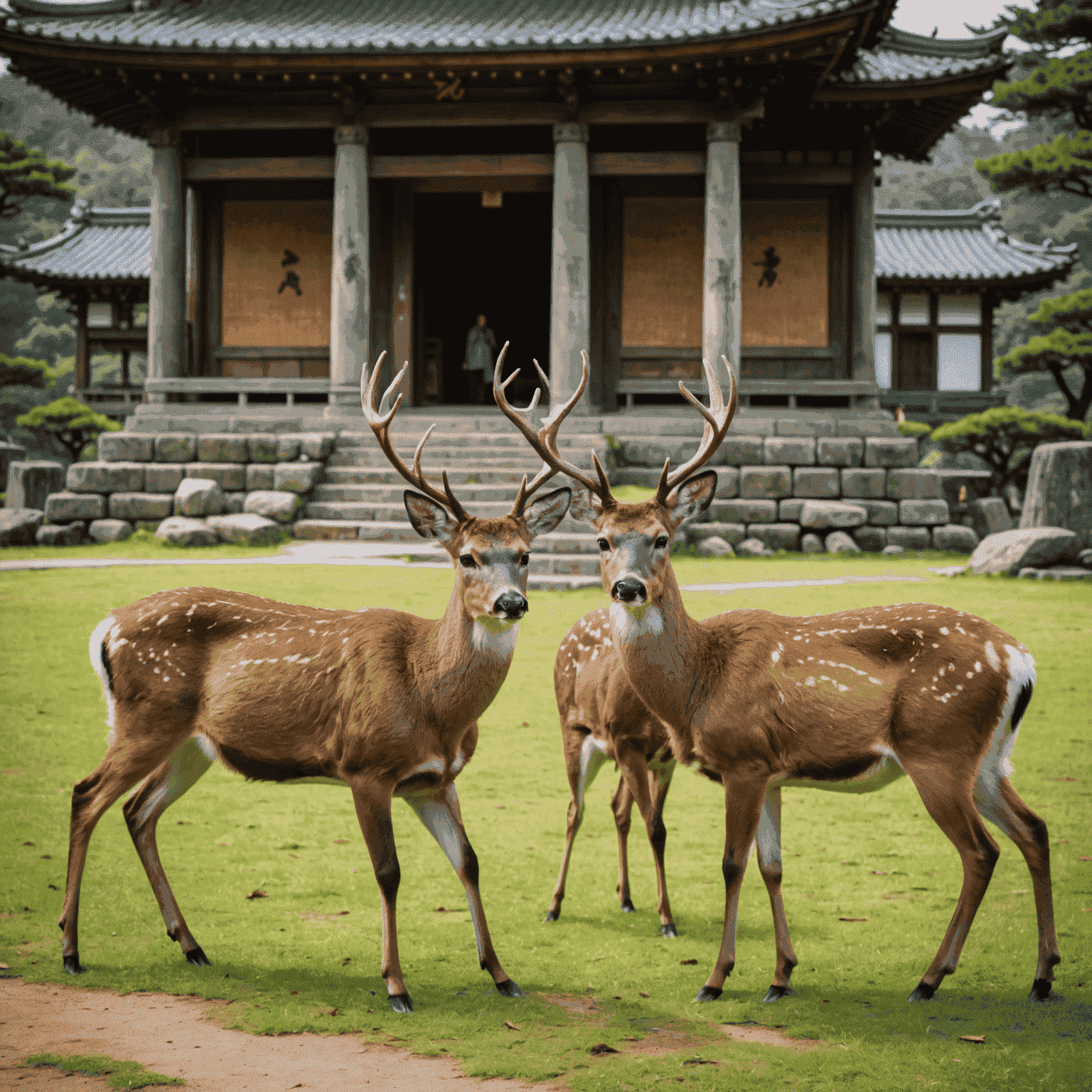 A group of friendly deer roaming freely in front of an ancient temple in Nara