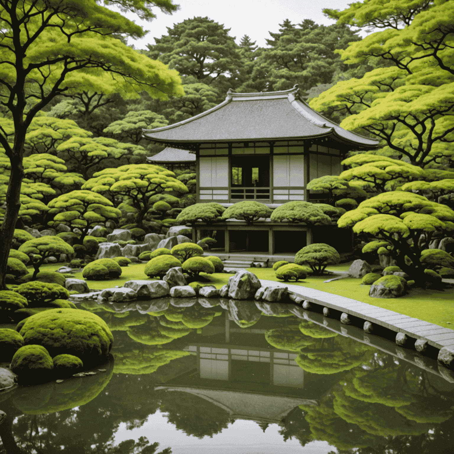 Serene Japanese garden of Nezu Museum with a traditional tea house