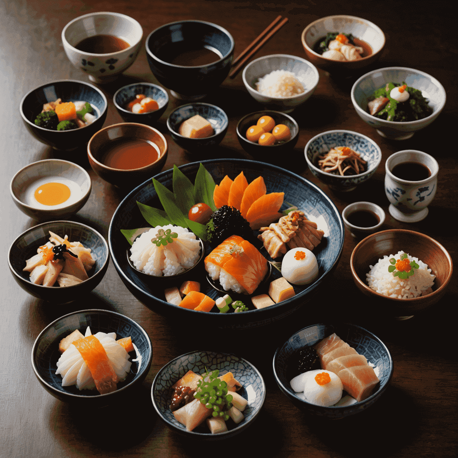 A beautifully presented kaiseki meal featuring seasonal ingredients arranged on traditional ceramic dishes