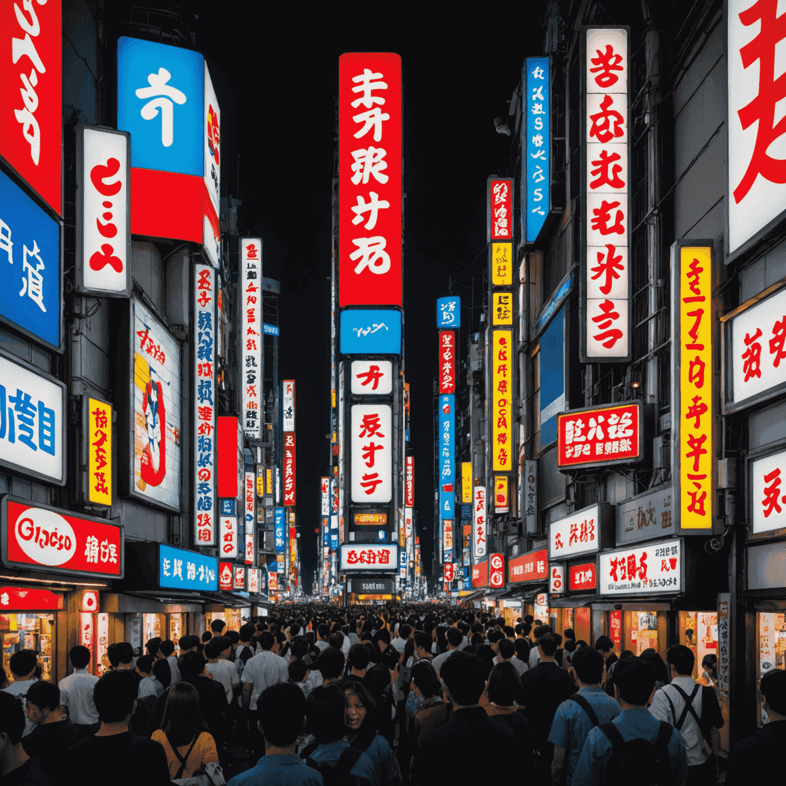 Night view of Dotonbori district in Osaka, showing the famous Glico Running Man sign, colorful neon billboards, and crowds of people enjoying the lively atmosphere along the canal