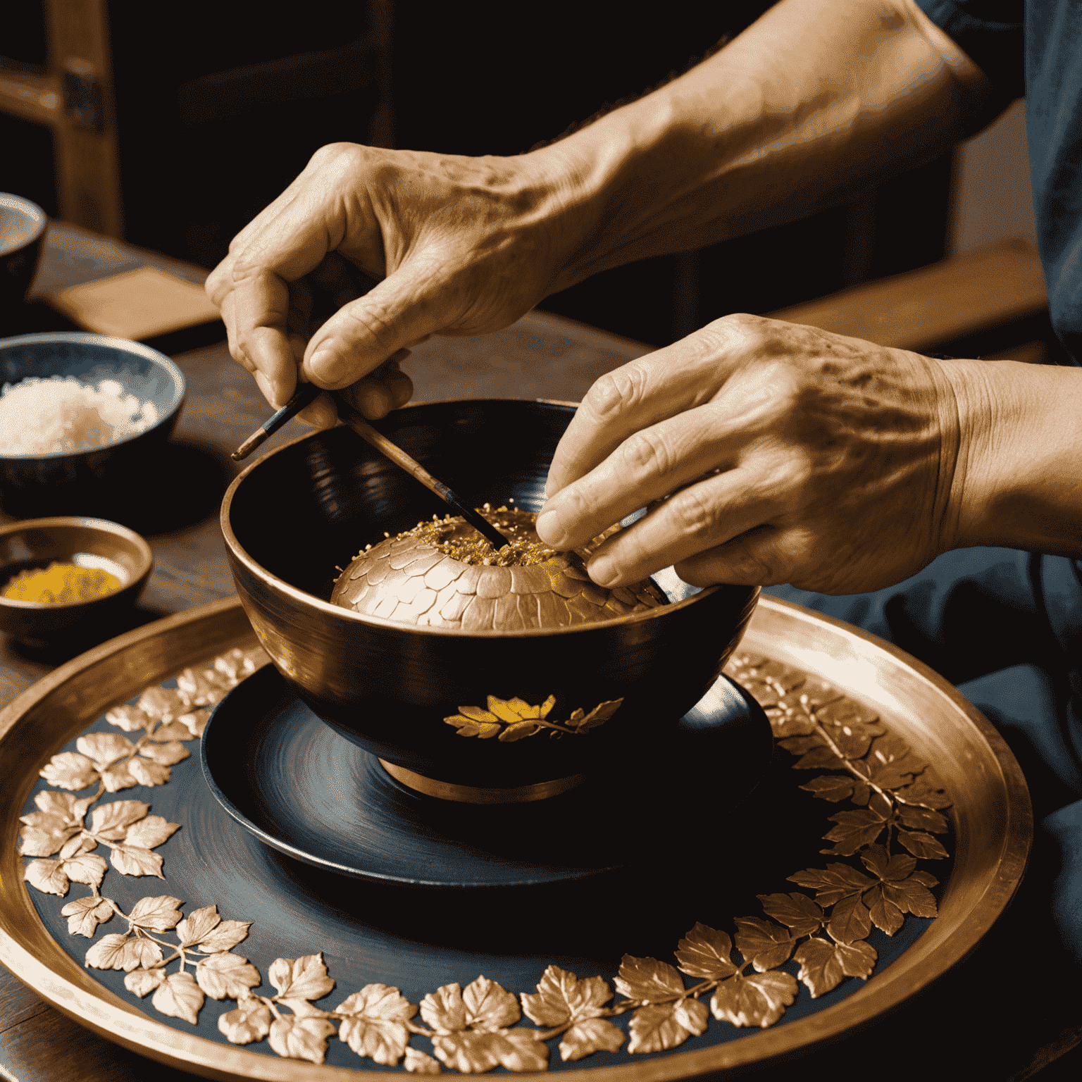 Close-up of an artisan's hands carefully applying gold leaf to a lacquerware bowl, showcasing Kanazawa's famous traditional craft