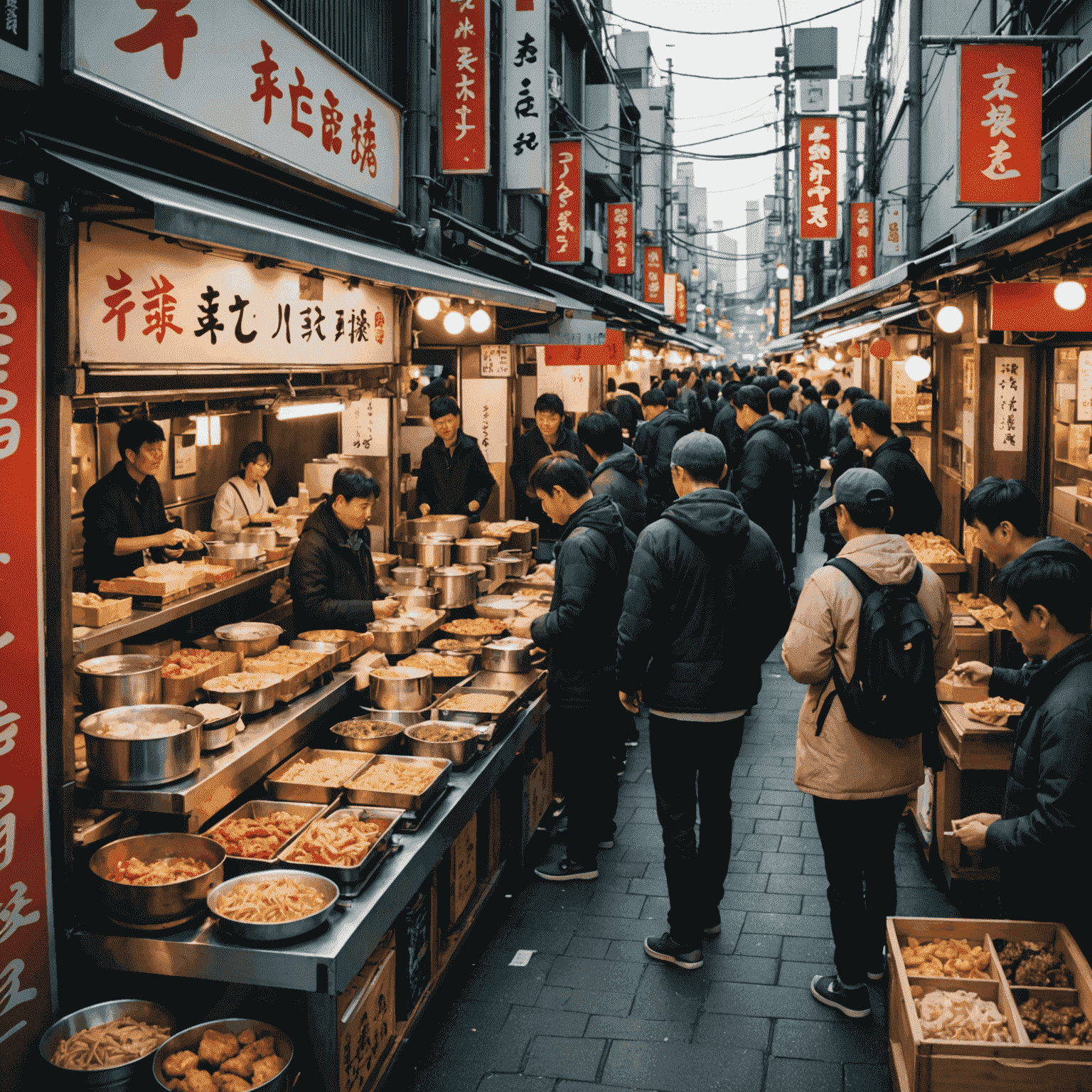 A vibrant street food market in Osaka with various food stalls and lively atmosphere