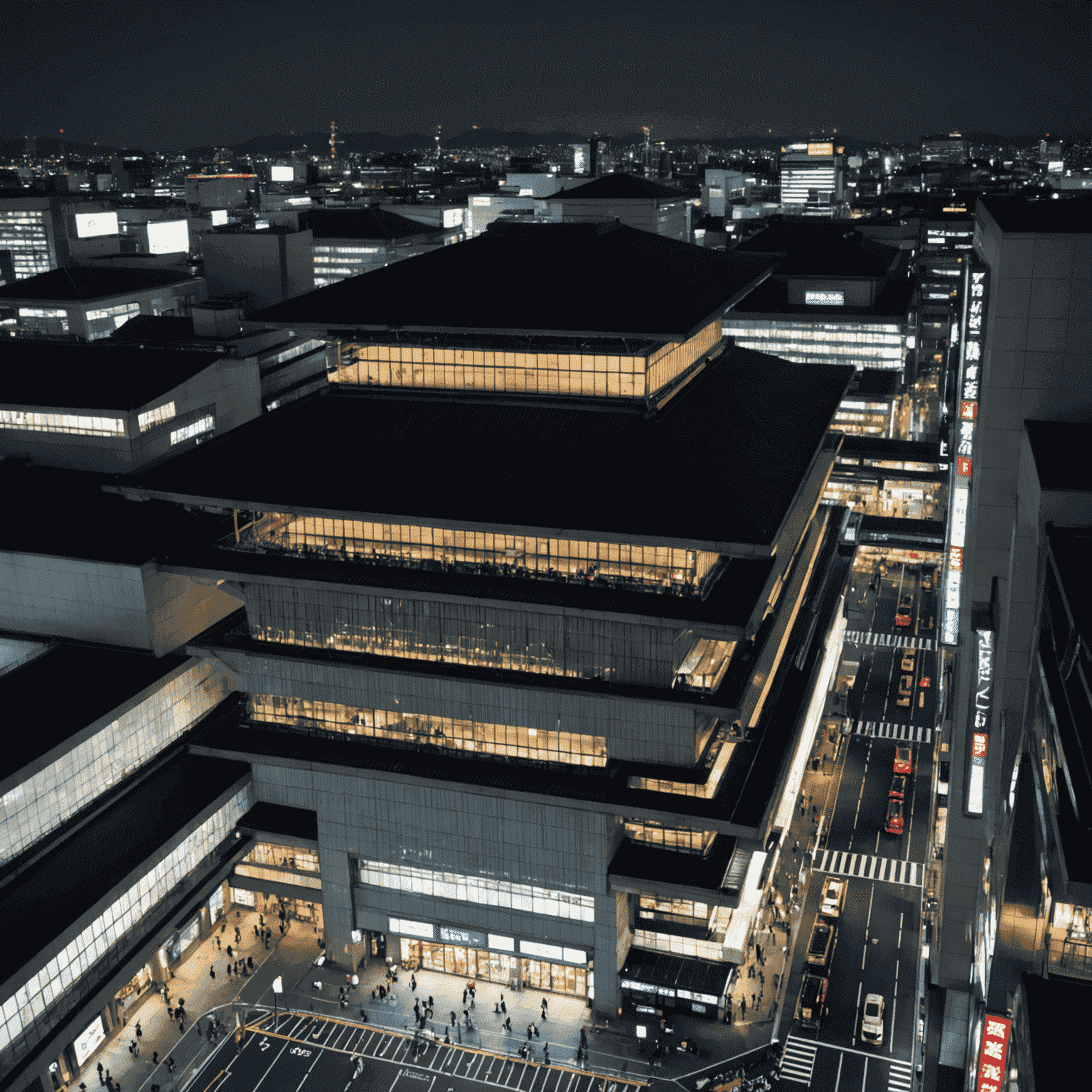 The modern architectural marvel of Kyoto Station at night, illuminated and bustling with activity