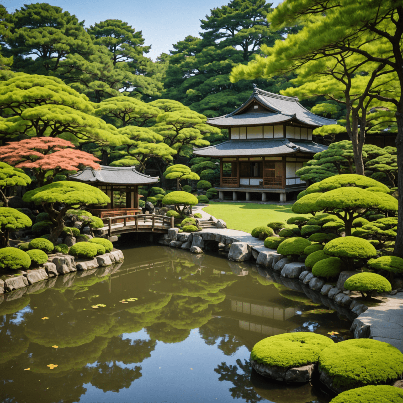 A beautifully maintained traditional Japanese garden in Kanazawa with a tea house