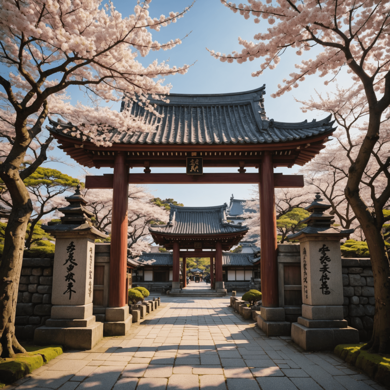 Entrance gate of Sengaku-ji Temple with stone lanterns and cherry blossom trees