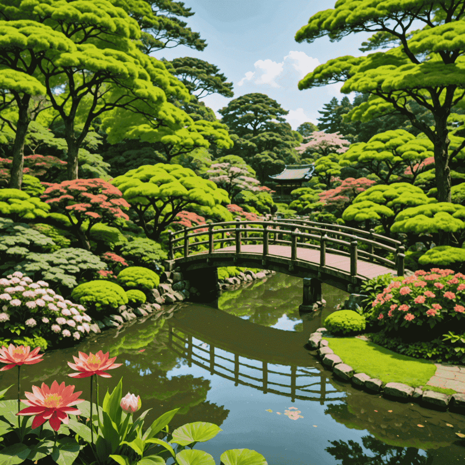 Lush greenery and colorful flowers in Jindai Botanical Gardens with a traditional Japanese bridge in the background